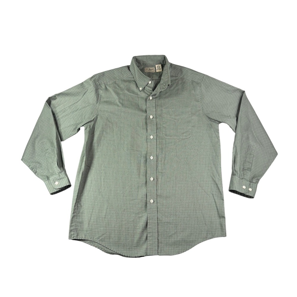 LL Bean Mens Medium Green Plaid Cotton Button Down Shirt Long Sleeve